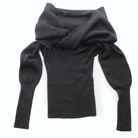 Black Off The Shoulder Sweater Ribbed Knit Adjustable Open Back Long Sleeve SZ S - Picture 8 of 15